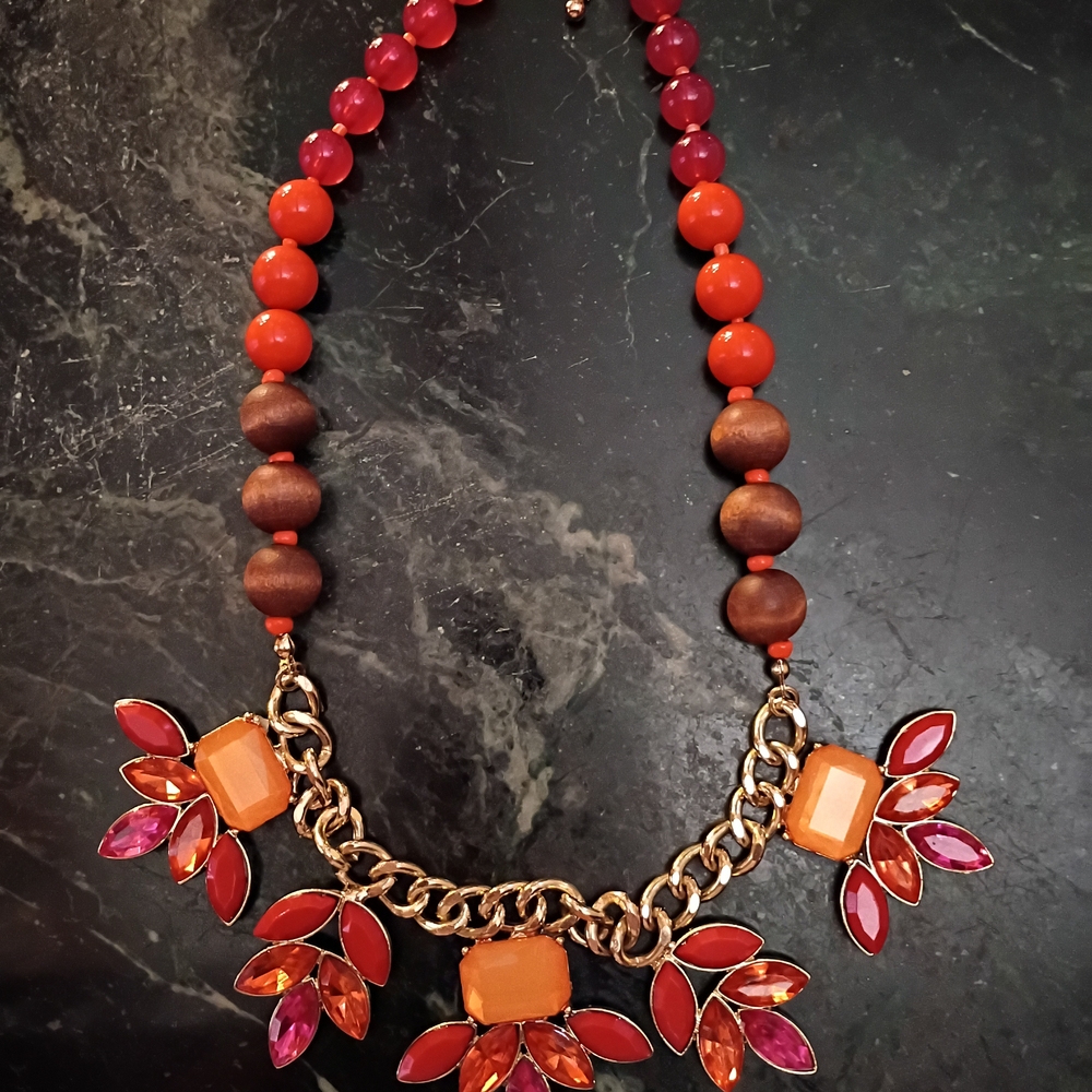 Vibrant Orange and Pink Necklace with Gold Chain